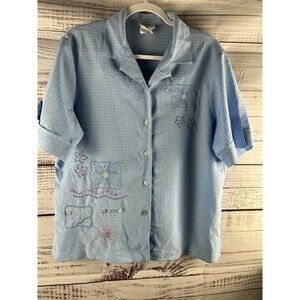 Nikki Embroidered Button Up Shirt Women’s Large Blue Short Sleeve Floral